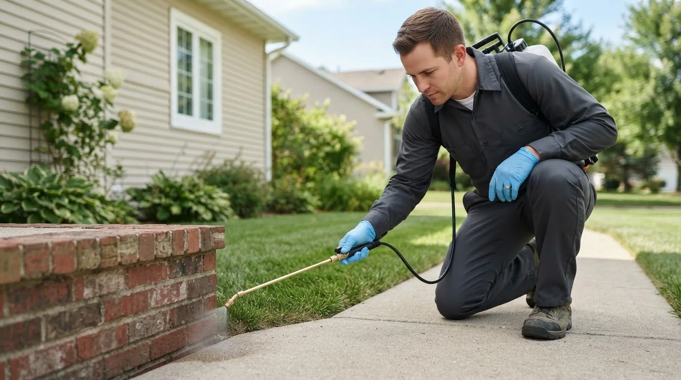 Pest control technician treating a home near Adrian, MN